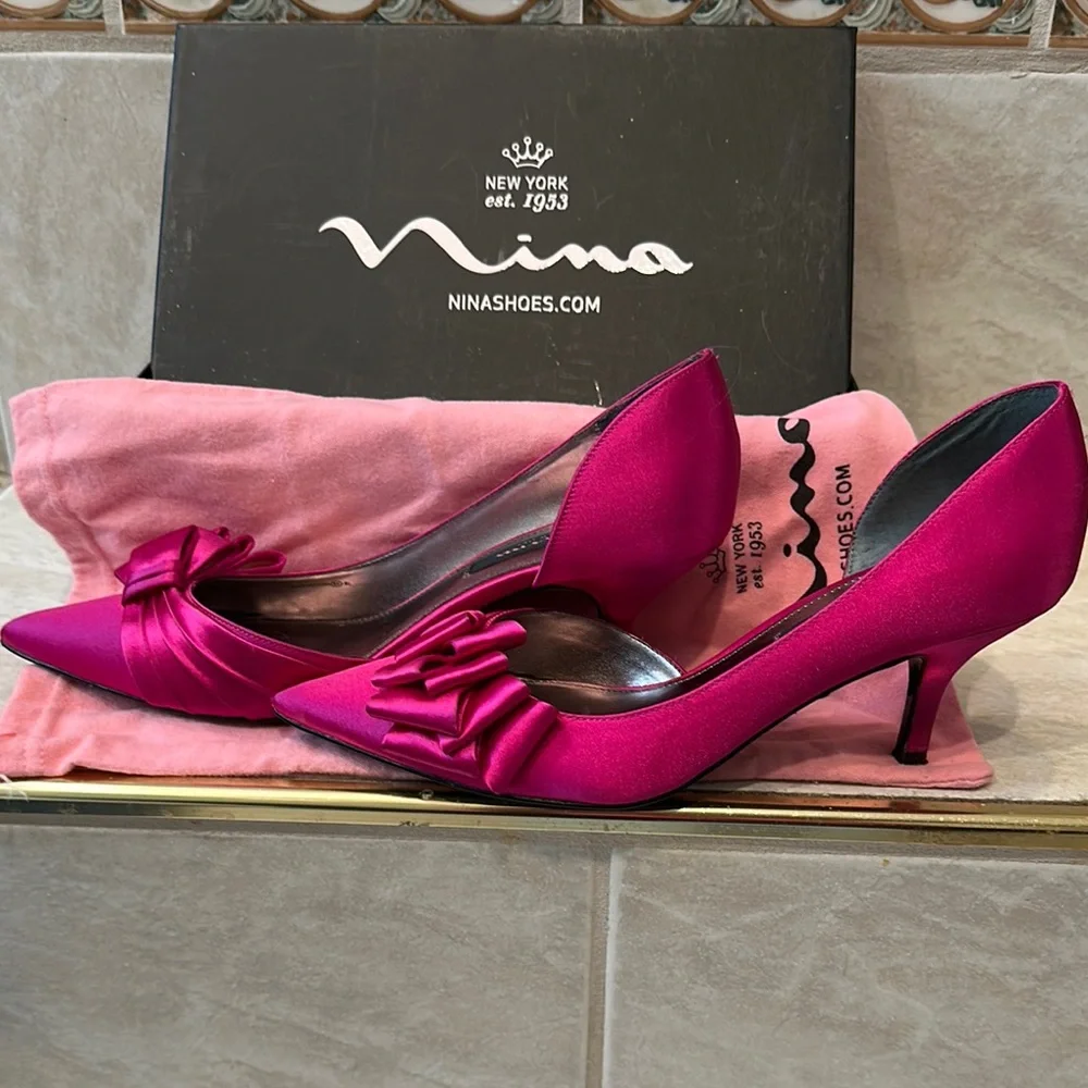 Nina Pink Satin Heels with Bow Detail - Picture 2 of 6